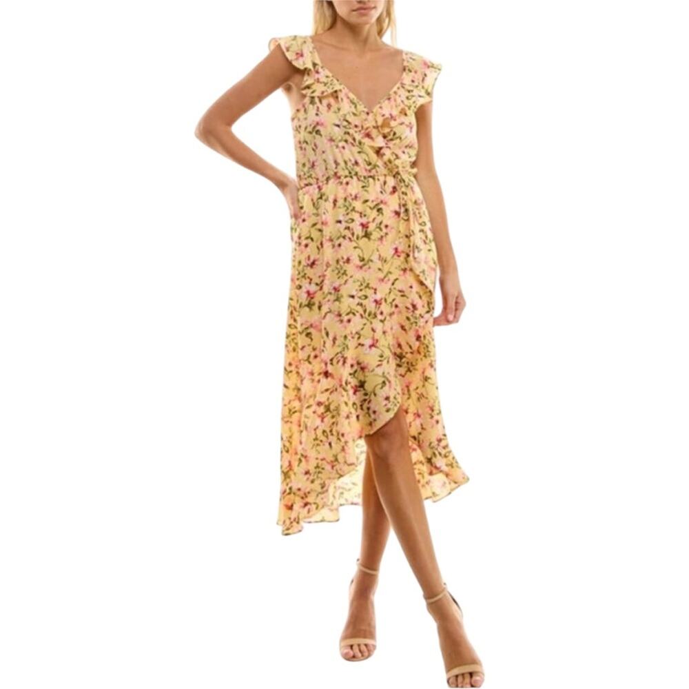 NWOT SOCIALITE Ruffle Print Wrap Midi Dress Yellow Floral – Sz S